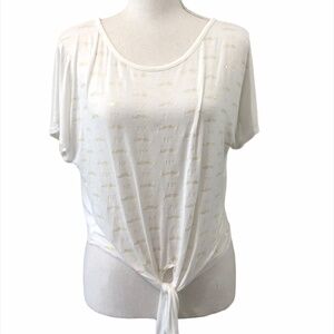 PINK BERRY Mustache Oui Top Women's Size Medium Gold White Novelty Print